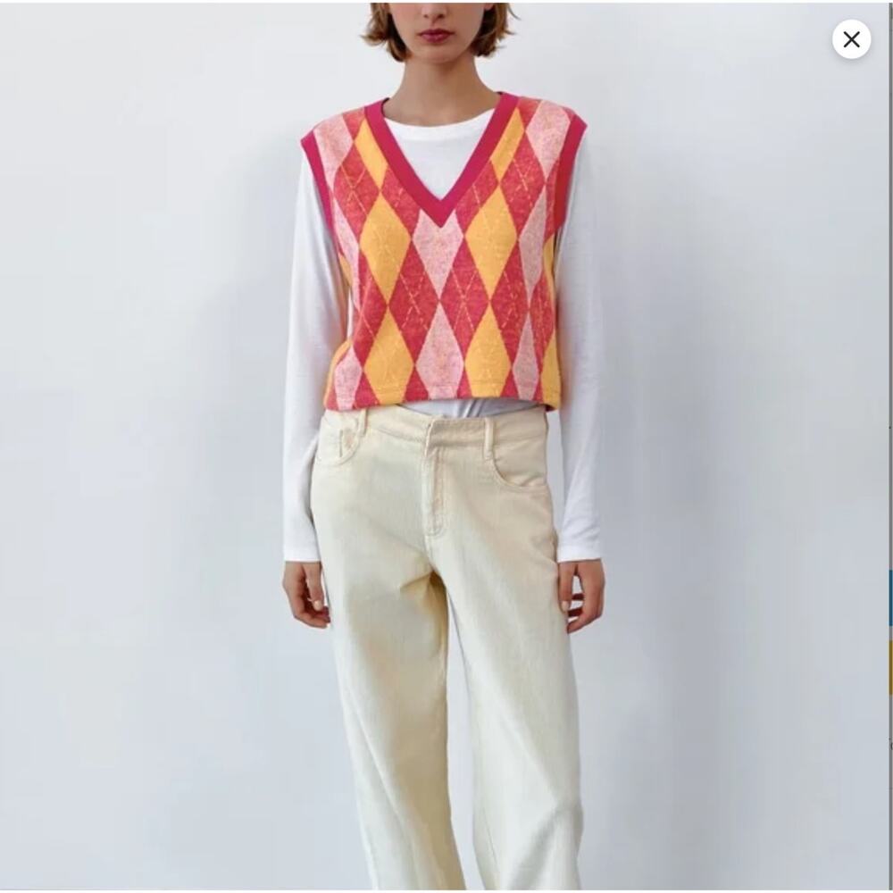 Zara Orange Pink Argyle Cropped Knit Vest Womens Size M